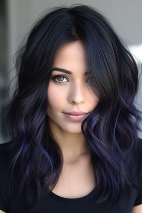 hair color ideas for brunettes - hairstyles Blue Bayalage Hair Dark, Blue Black Hair With Money Piece, Brunette Blue Balayage, Subtle Colored Hair Brunette, Black Hair With Blue Undertones, 2025 Hair Color, Black Hair Balayage Latina, Indigo Highlights, Blue Highlights In Black Hair