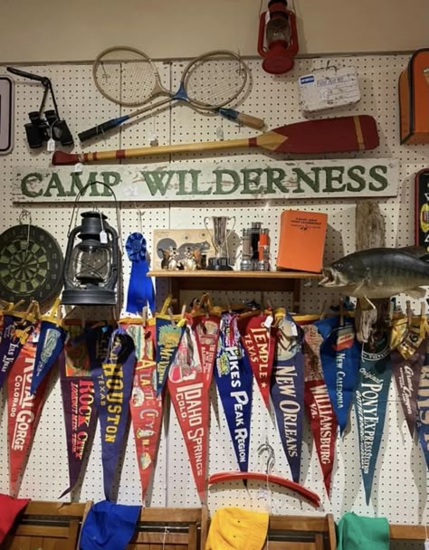 Retro Camp Decor, Vintage Lake Cabin, Camp Themed Room, Vintage Camping Aesthetic, Nautical Cabin, Camp Pennant, Victorian Home Remodel, Vintage Summer Camp, Vintage Sports Nursery