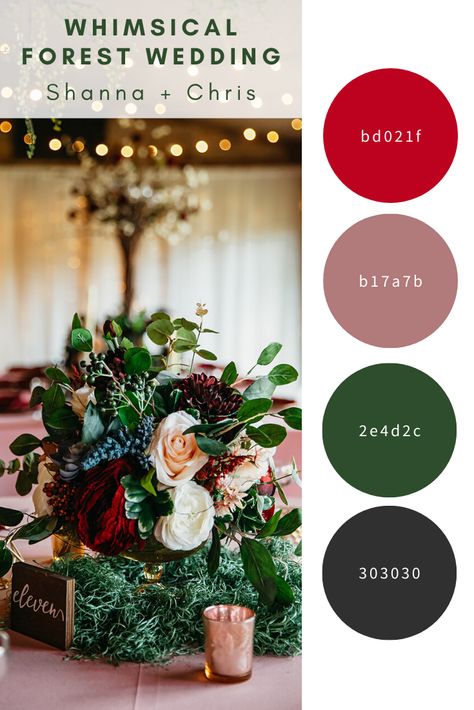 Emerald Green And Dark Red Weddings, Forest Green And Red Wedding Theme, Burgundy Forest Green Wedding, Woodsy Wedding Color Schemes, Deep Red And Dark Green Wedding, Red And Green Wedding Colors, Hunter Green And Maroon Wedding, Green And Red Wedding Colors, Forest Green Wedding Colors Colour Palettes