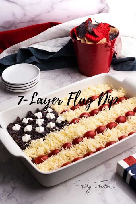 7-Layer Flag Dip is perfect for any time you want to share your summer patriotic festivities with family and friends. Flag Dip, Patriotic Appetizers, Potluck Favorites, 7 Layer Bean Dip, 7 Layer Taco Dip, 4th Of July Recipes, 7 Layer Dip, Patriotic Food, Bbq Menu