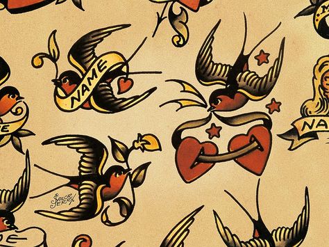 SAILOR JERRY Traditional Swallow, Swallow Bird Tattoos, Sailor Jerry Flash, Sailor Jerry Tattoo Flash, Vintage Style Tattoos, Sailor Jerry Tattoos, Tattoo Old School, Vintage Sailor, Traditional Flash