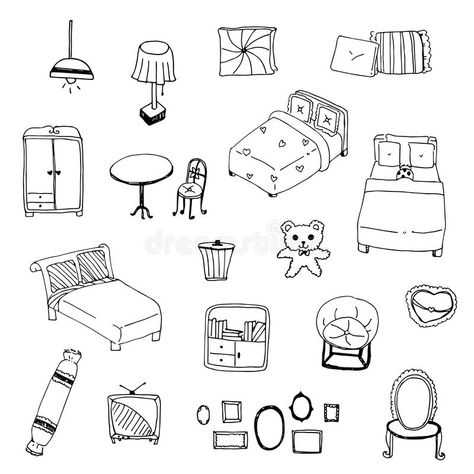 Bedroom Drawing Easy, Bedroom Reference Drawing, Bed Drawing Sketches, Drawing Of Bedroom, Bedroom Doodle, Furniture Doodle, Bed Drawing Easy, Bedroom Drawing Sketches, Bedroom Decor Drawing