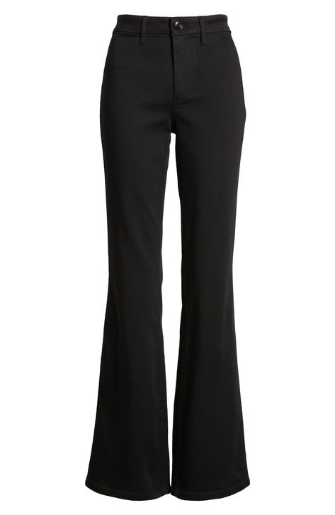 Perfect for day-to-night styling, these stretchy bootcut jeans feature full-length legs and trouser-style pockets for an elevated look. 33" inseam; 19" leg opening; 10" front rise; 15" back rise 36% cotton, 36% viscose, 27% polyester, 1% spandex Machine wash, tumble dry Imported Bootcut Trousers Outfit, Black Slacks Women, Black Bootcut Jeans Outfit, Black High Waist Jeans, Bootcut Black Jeans, Bootcut Jeans Black, Black High Waisted Jeans, Bootcut Jeans Outfit, Bootcut Trousers