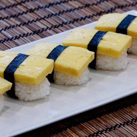 Tamago Sushi Recipe – Japanese Cooking 101 Tamago Sushi Recipe, Secret Staycation, Tamago Nigiri, Tamago Sushi, Anime Cafe, Kinds Of Sushi, Recipe Japanese, Sushi Recipe, Japan Sushi