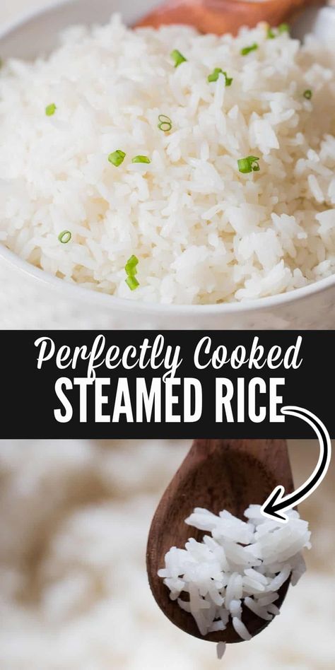 You don’t need rice cooker to make prefect steamed rice. You can get tender, fluffy, perfectly cooked rice on stove top every-single-time! Serve steamed rice as side dish for any main course meal. #howtomakesteamedrice #steamedricerecipe #steamedriceonstove #whitesteamedrice #brownsteamedrice #rice #ricerecipes #dinner #Chinesesteamesrice #Japanesesteamedrice How To Make Chinese White Rice, How To Cook Fluffy Rice, Perfect White Rice On The Stove, Stove Top White Rice, Cooking Rice On Stove, White Rice Stove Top, Chinese Steamed Rice, Rice On Stove, Perfect White Rice