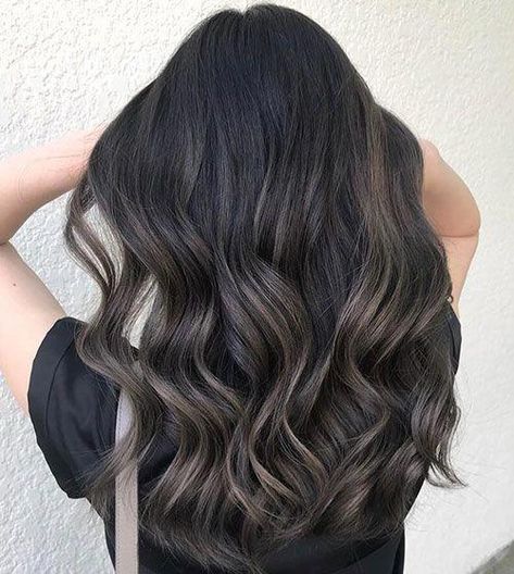 Deep Ash Brown Balayage, Deep Mushroom Brown Hair Color, Grey Brown Balayage On Black Hair, Ash Beige Balayage On Black Hair, Ash Brown Balayage Black Hair, Dark Neutral Hair Color Ideas, Dark Brown Hair With Ash Brown Lowlights, Dark Ash Brown Hair With Lowlights, Dark Ash Grey Balayage