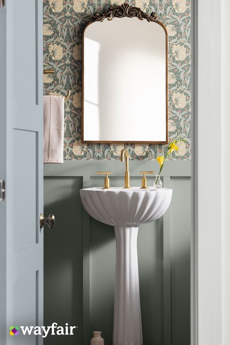 Found: scroll-stopping bathroom inspiration. Find pedestal sinks, vintage-inspired mirrors, and floral wallpaper to make this look yours at wayfair.com Small Bath With Pedestal Sink, Half Bath Pedestal Sink Wallpaper, Bathroom Mirror Over Pedestal Sink, Vintage Pedestal Sink Bathroom, Powder Bath Pedestal Sink, Pedastle Sink, Half Bath With Pedestal Sink, Half Bath Pedestal Sink, Powder Room Ideas Pedestal Sink