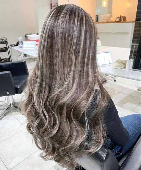 Salon Brown Hair Color, Brunette Hair Platinum Highlights, Balayage With Teasy Lights, Brunette Hair With Blonde Extensions, Light Smoky Brown Hair, Babylights Blonde On Dark Hair, Cool Tones Highlights, Ash Blonde Hairlights, Espresso Blonde Hair