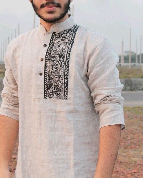 Men Panjabi Design, Mens Navratri Kurta Designs, Panjabi For Men Bengali, Onam Dress Code For Men, Men Kurta Embroidery Design, Hand Painted Panjabi Design For Men, Hand Painted Kurta For Men, Kurta Painting Design For Man, Panjabi Design For Men