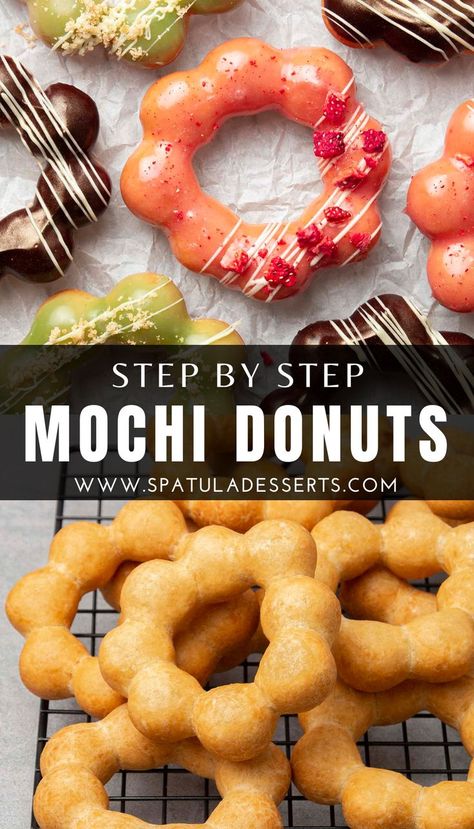 Crazy delicious mochi donuts for summer Puffy Donut Recipe, Fun Donut Recipes, Asian Donut Recipe, Poi Mochi Donut Recipe, Advanced Dessert Recipes, How To Make Mochi Donut, Savory Mochi Recipe, Few Ingredients Baking, Mochi Donut Holes