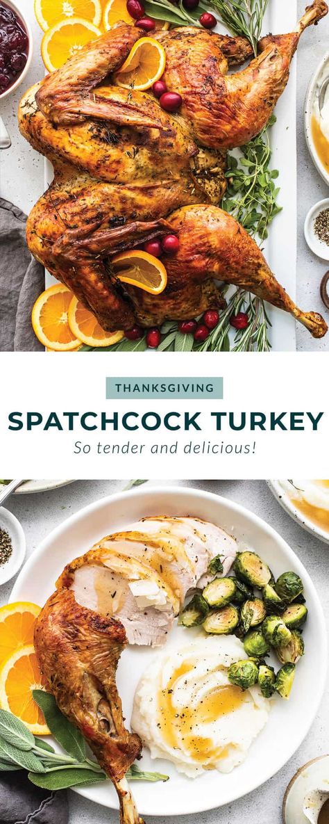 Spatchcock Turkey Recipe - Fit Foodie Finds Wet Brine Spatchcock Turkey, Grilled Spatchcock Turkey, Turkey Spatchcock, Spatchcock Turkey Recipe, Turkey In Oven, Spatchcock Turkey, Homemade Turkey Gravy, Trim Healthy Mama Recipe, Turkey Seasoning