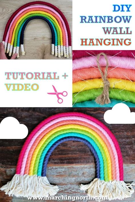 Learn how to make this easy DIY Rainbow Wall Hanging out of cotton macrame rope and yarn.  Create a beautiful piece of fiber art that’s perfect for your nursery, kids room, playroom, or any area of your home that needs a statement piece and a big pop of color and texture! | craft project | tutorial | video | DIY wall hanging | DIY home decor | DIY nursery decor | rainbow art | yarn crafts | fiber crafts | easy crafts #diy #yarn #diyhomedecor Diy Rainbow Wall, Texture Craft, Yarn Crafts For Kids, Rainbow Yarn, Diy Nursery Decor, Rainbow Diy, Rainbow Wall Decor, Hanging Diy, Fiber Crafts