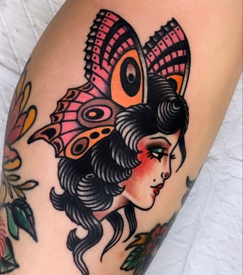 Neo Trad Anime Tattoo, Traditional Fairy Tattoo, Cute Traditional Tattoo, Traditional Tattoo Woman, Traditional Tattoo Inspiration, American Traditional Tattoo Ideas, Traditional Tattoo Ideas, Traditional Tattoo Designs, Neotraditional Tattoo