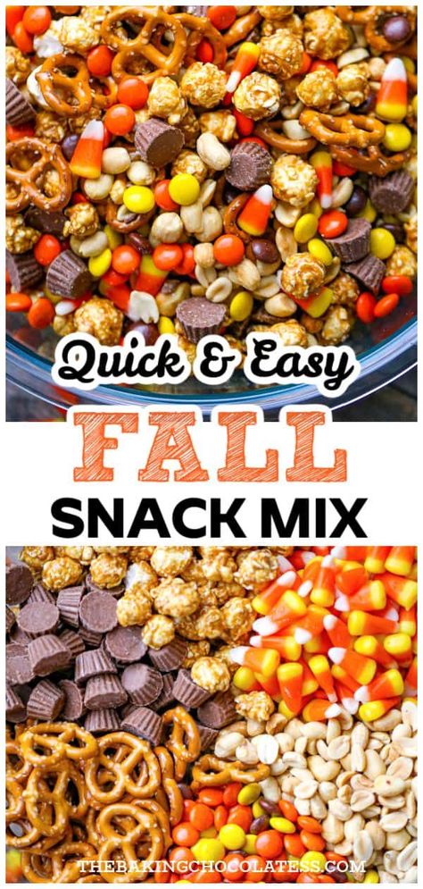 Discover fun and easy fall snack mix ideas! These simple party food recipes will have your guests craving more. Filled with irresistible sweets, candy, and delectable desserts, they're the perfect comfort food for the fall season. Ideal for casual hangouts or festive gatherings. Try them out and sweeten up your autumn celebrations! Fall Snack Mix Ideas, Thanksgiving Chex Mix Recipes, Football Breakfast, Snack Mix Ideas, Fall Trail Mix Recipe, Breakfast Tailgate, Fall Snack Mix Recipes, Fall Chex Mix Recipes, Halloween Chex Mix Recipes