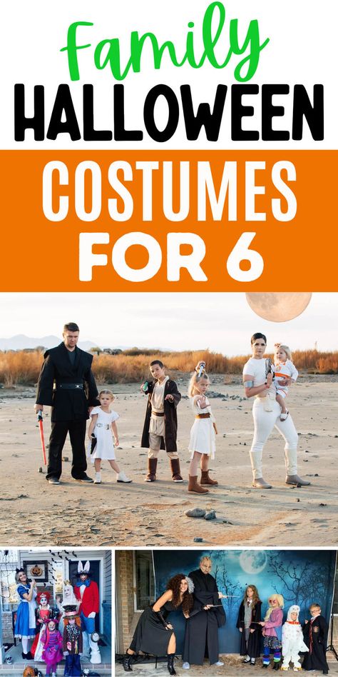 Collage of family Halloween costumes for 6 people. Family Of Six Halloween Costumes, Halloween Costumes For A Family Of Four, Family Costumes For 6 People, Costumes For 6 People, Family Of 6 Halloween Costumes, Halloween Costumes For 6 People, Best Family Costumes, Unique Family Halloween Costumes, 6 Halloween Costumes