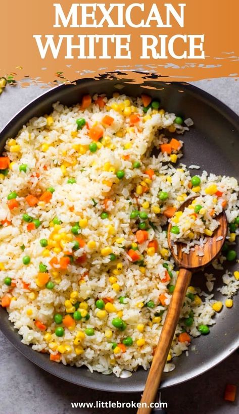 Tender fluffy jasmine rice with carrots, corn, peas, and a little bit of cayenne pepper. It’s our version of Mexican white rice recipe. It’s so simple to make and goes with everything! Healthy White Rice, Mexican White Rice, Rice With Carrots, Fluffy Jasmine Rice, Rice And Corn Recipe, Rice With Corn, White Rice Recipes, Mexican Rice Recipes, Mom Recipes