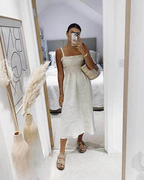 linen smocked sundress + birkenstock sandals Dress With Birkenstocks, Birkenstock Outfit Women, White Birkenstock Outfit, White Sundress Outfit, Birkenstock Outfit Summer, 2023 Clothes, Birkenstock Outfit, Outfit Inspiration Women, Elegant Outfit Classy