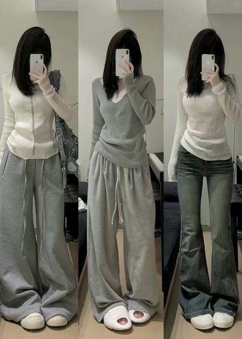 Wide Waist Outfit, School Acubi Outfits, Gray Sweat Pants Outfits, Modest Acubi Fashion, Grey Aesthetic Outfit, Asian Fashion Street, Modest Acubi, Korean Outfits Cute, Kinds Of Pants