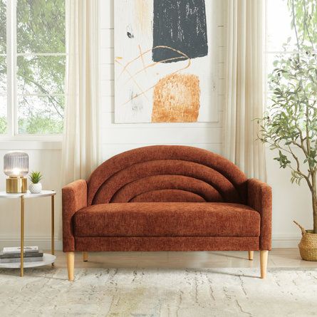 Wood Back Sofa, Rust Loveseat, Small Waiting Room Design, Accent Loveseat, Vintage Love Seat, Orange Loveseat, Seating Bedroom, Interior Design Collage, Nyc Apartment Inspo