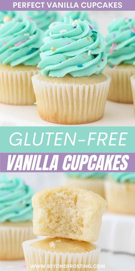 My easy gluten-free vanilla cupcakes are fluffy and moist, perfect for birthdays and occasions! Just add a swirl of your favorite frosting! #glutenfree #vanilla #cupcakes Gluten Free Vanilla Cupcakes, Gluten Free Cupcakes Vanilla, Homemade Cupcake Recipes, Cupcake Recipes From Scratch, Gluten Free Desserts Healthy, Fun Cupcake Recipes, Easy Gluten Free Desserts, Easy Cupcake Recipes, Gluten Free Cupcakes