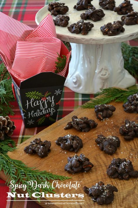 Spicy Dark Chocolate Nut Clusters | ©homeiswheretheboatis.net #christmas #easy #nobake #recipes Easy Holiday Food, Chocolate Nut Clusters, Easy Food Gifts, Chocolate Nuts Clusters, Nut Clusters, Baking Spirits Bright, Spicy Chocolate, Chocolate Chip Bread, Holiday Baking Recipes