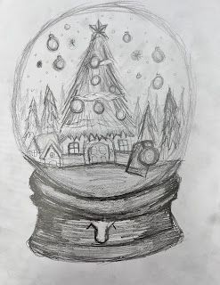 Snowglobe Drawings, Snowglobe Drawing, Snowglobe Ideas, Snow Globe Drawing, Winter Art Project, Adapted Art, Globe Drawing, Drawing Winter, Art Room Doors