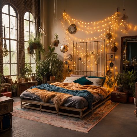 Minimalist Whimsical Bedroom, Boho Master Bedrooms Decor Cozy, Witchy Room Bed, Mystic Bedroom, Cottagecore Loft Bedroom, Wimsey Goth Style Bedroom, Cottagecore Bedroom With Loft Bed, Bedroom Hygge, Boho Things