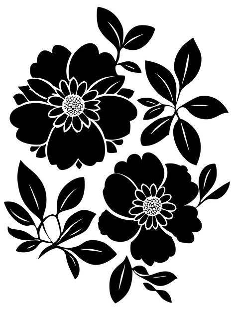 Black and white flowers silhouette stenc... | Premium Vector #Freepik #vector #black #flowers #leaves #silhouette Flower Illustrations Black And White, Stencil Flower Design, Design Tudung, Leaves Silhouette, Flowers Silhouette, Silhouette Flower, Flower Clipart Png, Yellow Wedding Flowers, Printable Flower