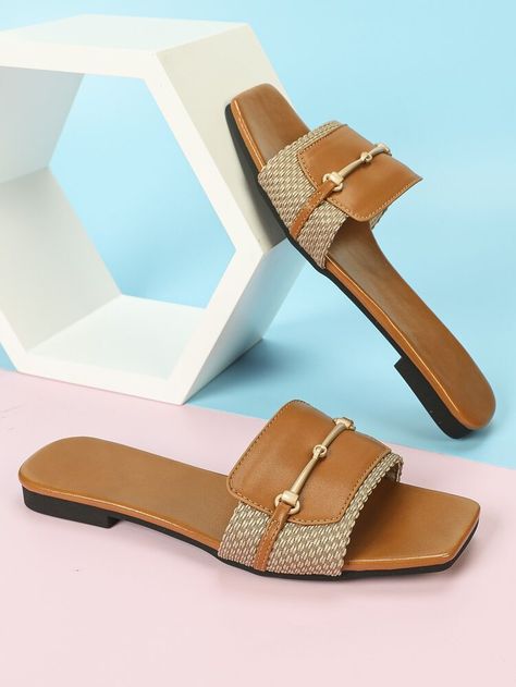 Metal Detail Flat Slide Sandals | SHEIN USA Ladies Sandals Flat Simple, Flat Slippers For Women, Leather Slippers For Men, Women Flat Sandals, Flat Slippers, Shoes Outfit Fashion, Open Toe Slippers, Shoes Photography, Mens Leather Sandals