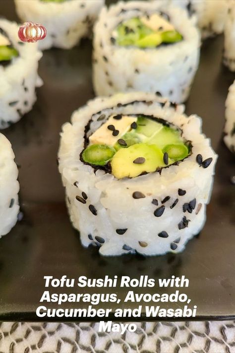 This is an easy, delicious vegan tofu sushi roll recipe with asparagus, avocado, cucumber and wasabi mayo. #tofusushirolls #vegansushirollstofu #vegantofusushi #veggiesushirollstofu #vegansushirecipetofu #vegansushi #vegansushirolls #vegansushirollsrecipes #vegantofurecipes #vegantofu #plantbasedsushi #tofusushirecipes #vegansushirecipe #vegansushiideas Recipe With Asparagus, Veggie Sushi Rolls, Tofu Sushi, Vegan Sushi Rolls, Wasabi Mayo, Round Gazebo, Sushi Roll Recipes, Charlie Chan, Tofu Recipes Vegan