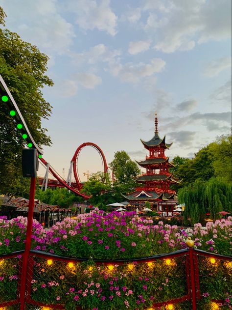 Tivoli gardens, Copenhagen, sunset, Copenhagen Tivoli, Denmark Aesthetic, Copenhagen Summer, Tivoli Gardens Copenhagen, Tivoli Copenhagen, Copenhagen Aesthetic, Barcelona Architecture, Copenhagen Travel, Denmark Travel