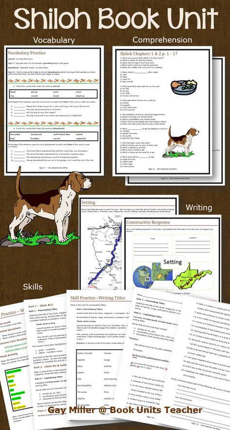 FREE Samples from Shiloh Book Unit Shiloh Novel Study, Shiloh Novel Activities, Book Unit Studies, Shiloh Book, Book Study Activities, Writing Titles, Literature Unit Studies, Homeschool High School Curriculum, 5th Grade Activities