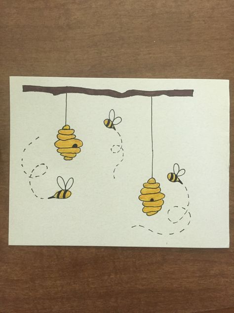 Easy Bee Hive Drawing, Honeybee Drawing Simple, Doodle Bee Draw, Cute Bee Painting Simple, Honey Bee Painting Easy, Bumblebee Painting Easy, Bee Doodle Simple, Cute Honey Bee Drawing, Bumblebee Doodle