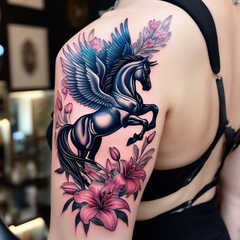 Black Unicorn Tattoo, Unicorn Tattoo Ideas Unique, Unicorn Tattoos For Women, Dark Unicorn Tattoo, Lillie Tattoo, Dreamcatcher Tattoo Thigh, Unicorn Tattoo Designs, Pegasus Tattoo, Dark Unicorn