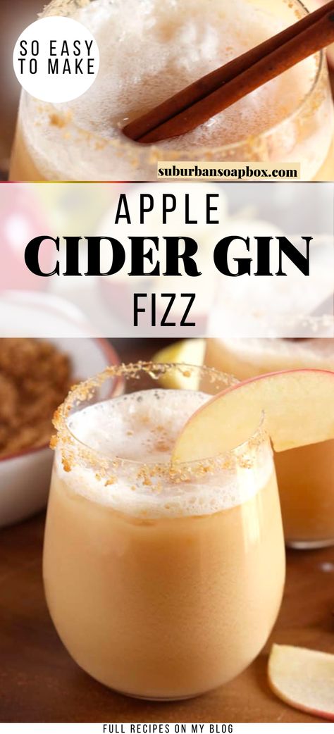 Tart, sweet apple cider is turned into a festive cocktail just in time for the holidays. This Apple Cider Gin Fizz is bubbly and filled with fall spices for a memorable drink all your guests will love. Gin And Apple Cider, Slow Gin Fizz, Gin Fizz Recipe, Apple Cider Drink, Ramos Gin Fizz, Specialty Drinks, Gin Drinks, Gin Fizz, Festive Cocktails