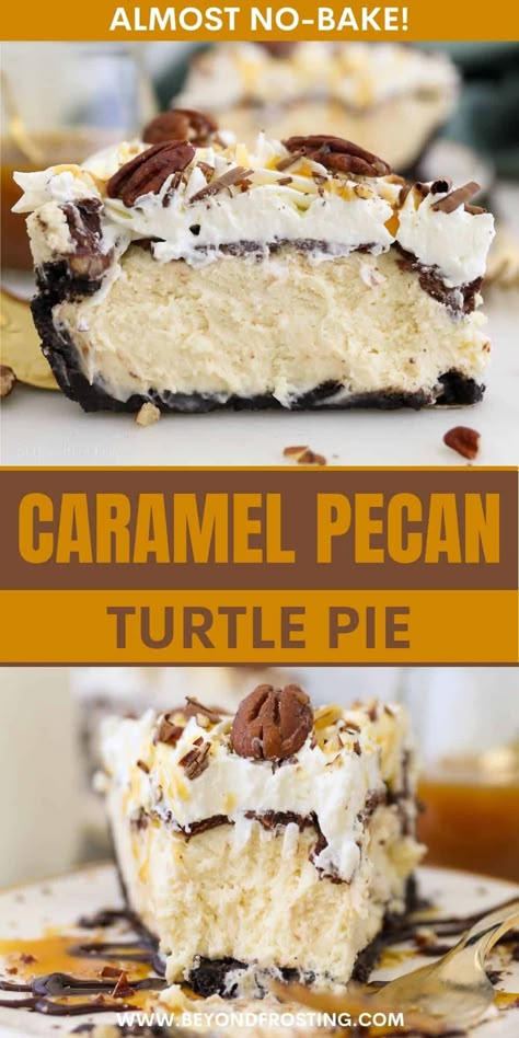 A little salty and a lot sweet, this Turtle Pie features a creamy caramel cheesecake filling topped with a crunchy layer of chocolate and pecans in a delightful Oreo crust. Top it off with some extra caramel and whipped cream for a decadent (but easy!) dessert. Turtle Pie Recipe, Turtle Pie, Pecan Turtles, Turtle Cheesecake, Pecan Desserts, Caramel Pecan, Chocolate Pecan, Baked Dessert Recipes, Chocolate Shavings