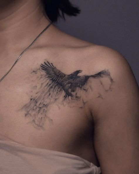 30 DARK Raven Tattoo Ideas for Men & Women in 2023 Crow On Back Tattoo, Smokey Raven Tattoo, Raven Tatoos Ideas, Raven And Phoenix Tattoo, Tattoo Ideas Raven, Crow Tattoo Feminine, Delicate Raven Tattoo, Crow Tattoo Neck, Crow Tatoos Woman