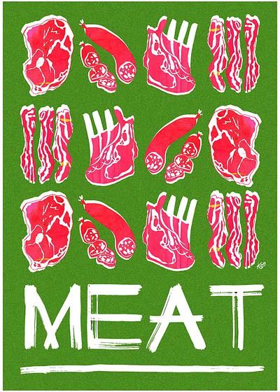 Kim Thompson Ingredients Illustration, Meat Drawing, Meat Art, Boss Hoss, Gcse Art Sketchbook, Japanese Poster Design, Food Mood, Food Ingredients, Illustration Food