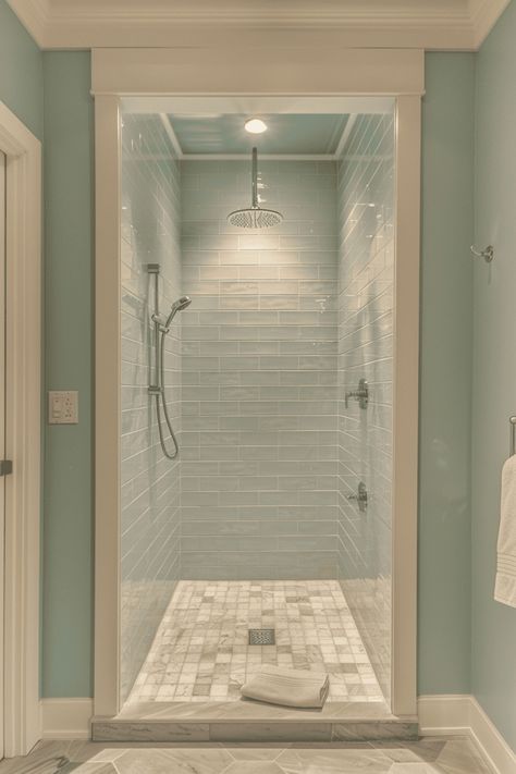 Discover the versatility of walk-in showers in small bathrooms Walk In Shower With No Glass Door, Glass Free Shower Walk In, Doorless Showers Walk In Master Bath With Half Wall, Walkin Shower Ideas No Door Tile, Fully Enclosed Shower Ideas, Walk-in Shower No Door, Glassless Shower Walk In, Walk In Shower Tile Lowe's, Walk In Shower With Wall No Door