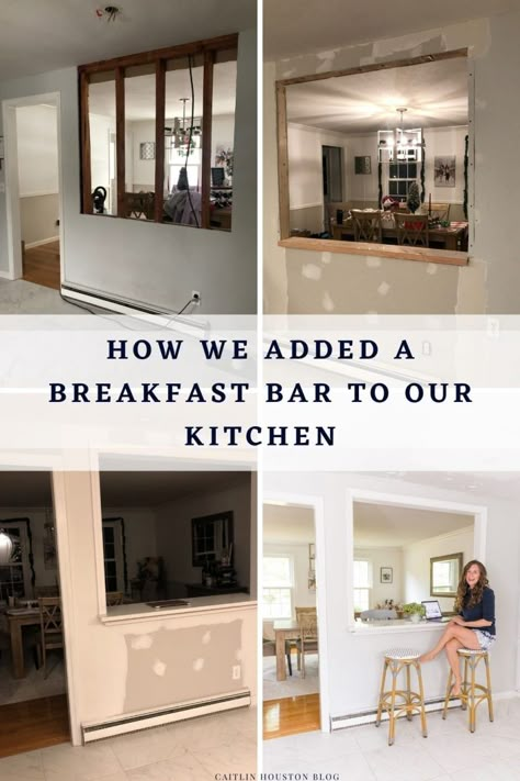 Open Kitchen Half Wall, Dining Room Breakfast Bar, Add Breakfast Bar To Small Kitchen, Kitchen Opening To Dining Room, Kitchen With Half Wall Into Dining Room, Opening From Kitchen To Living Room, Open Wall Kitchen Ideas, Half Wall Bar Kitchen, Breakfast Bar Cutout