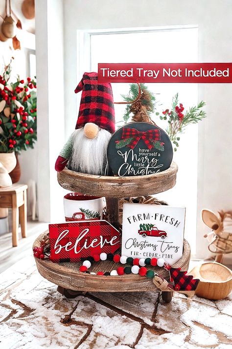 Christmas Decor - Christmas Decorations Indoor - Believe Merry Christmas Wooden Signs & Buffalo Plaid Gnomes Plush Set - Farmhouse Rustic Tiered Tray Country Decor for Home Room Table Mantle Tier Tray Decor Ideas, Gnomes Decor, Christmas Tier Tray, Tray Decor Ideas, Christmas Decorations Indoor, Tray Decor Christmas, Christmas Wooden Signs, Christmas Tiered Tray, Tier Tray Decor