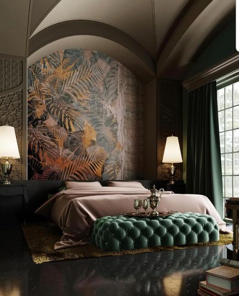 Whoa. So beautiful. Contempory Decor Master Bedrooms, 1920s Aesthetic Gatsby Bedroom, Dark French Bedroom Aesthetic, Black Walls Interior Design, Modern Art Deco Bedroom, बेडरूम डिजाइन, Opulent Bedroom, Design Ložnic, Island Bedroom