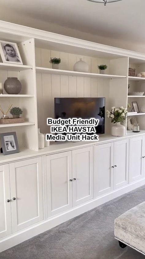 Save £££ on a luxe-look media unit and give this budget friendly version a try! 😍 Frenchic Fan Kayla (over at @reynoldsresidence) created a bespoke media unit for a fraction of the price using 2 IKEA HAVSTA cabinets, 2 HAVSTA storage units, MDF and Frenchic! Opting for our soft, slightly off-white shade 'Wedding Cake' from the self prime and self sealing The Lazy Range to match her light and airy aesthetic. 🤍🌾 Throw on some antique gold handles and you have yourself a stylish and modern media Ikea Hauga Tv Unit Hack, Ikea Media Unit, Havsta Ikea Living Room, Ikea Media Wall Hack, Ikea Media Wall, Entertainment Center Ikea, Light And Airy Aesthetic, Ikea Entertainment Center, Ikea Havsta