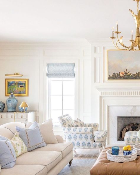 Gorgeous blue and white coastal style family room featuring magnificent architecture by The Fox Group. #thefoxgroup #familyrooms #interiordesign #blueandwhite #traditionalstyle Grandmillennial Decor, Timeless Decorating, Amy Berry, White Interiors, Coastal Elegance, Classic Interior Design, Decorating Styles, Hello Lovely, Mantel Decor