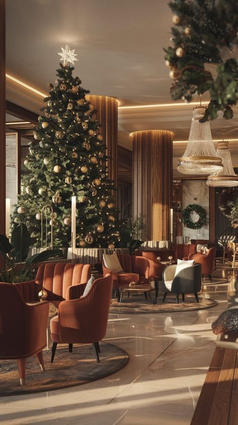 Christmas Decor Hotel Lobby, Luxury Holiday Aesthetic, Hotel Christmas Decorations Lobbies, Christmas Hotel Lobby, Hotel Christmas Decor, Luxury Hotel Lobby, Christmas Hotel, Luxe Christmas, Christmas Mantles