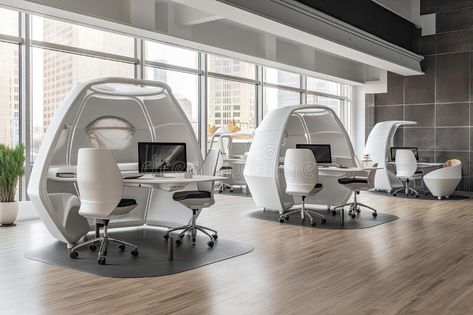 Open office setting with futuristic furniture, advanced technology, and a sleek design royalty free stock images Futuristic Workstation, Futuristic Office Interior, Futuristic Office Design, Ceo Office Design, Futuristic Furniture Design, Futuristic Office, Futuristic Interior Design, Vector Typography, Innovation Lab