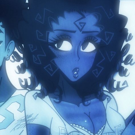 Blue Themed Matching Pfp, Matching Profile Pictures Couple Anime Black, Matching Pfp Couple Blue Aesthetic, Matching Black Pfp Couple, Matching Pfp Curly Hair, Dark Skin Matching Pfp, Matching Pfp For Black Couples, Poc Anime Couple, Mixed Couple Pfp