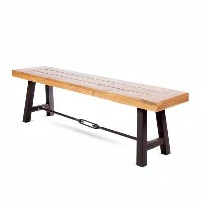 63 in. Teak Brown Wood and Metal Outdoor Dining Bench Metal Outdoor Bench, Rustic Bench, Picnic Bench, Patio Bench, Metal Bench, Into The Wood, Wood Patio, Christopher Knight, Teak Outdoor