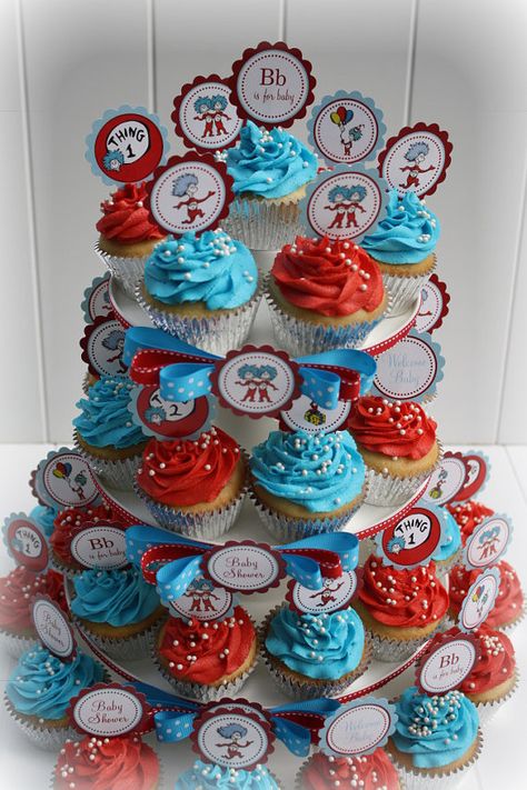 Dr Seuss Cupcakes, Seuss Cupcakes, Doctor Suess Birthday, Dr Suess Birthday, Cat In The Hat Birthday, Dr Seuss Party Ideas, Cupcake Towers, Hat Birthday, Thing 1 And Thing 2