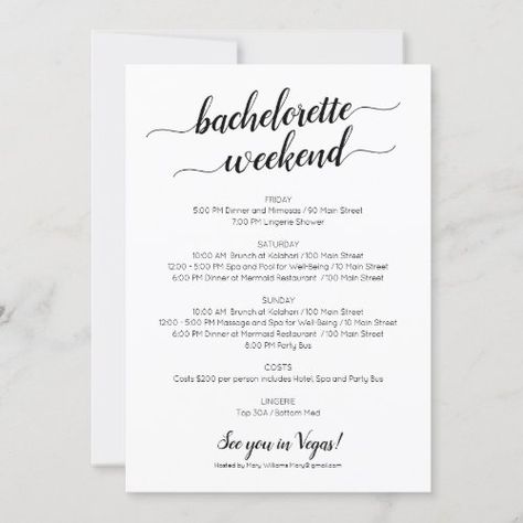 Elegant Bachelorette Weekend Itinerary Invitation for $2.75 - Bachelorette Invitations Birthday Itinerary, Itinerary Invitation, Elegant Birthday Invitations, Bachelorette Weekend Itinerary, Minimalist Birthday, Weekend Itinerary, Mermaid Birthday Invitations, 30th Birthday Invitations, 35th Birthday